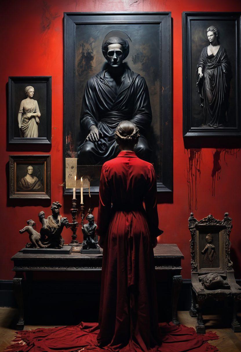A hauntingly beautiful collage depicting various cruel art forms throughout history, featuring elements like a shadowy figure in a darkened gallery, blood-red brush strokes on a canvas, and ancient sculptures with twisted expressions. The background should include faded historical texts and symbols of suffering, evoking a deep emotional response. The color palette must emphasize dark tones mixed with vivid contrasts. surrealism. dark and atmospheric. intricate details.