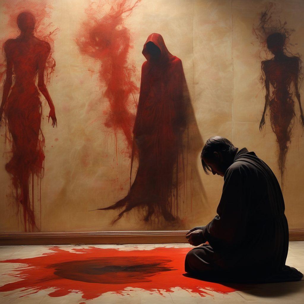 A haunting juxtaposition of gothic art and elements of torture, showcasing a shadowy figure in the foreground drawing with blood-red ink, while in the background, surreal figures of tortured souls emerge from twisted canvases. The atmosphere is eerie with dim lighting, creating a sense of unease and curiosity. Incorporate intricate details and textures to enhance the emotions conveyed in the artwork. vibrant colors. surreal style. dark background.